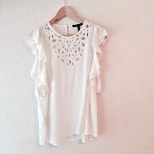 BCBGMaxazria cream white ruffle cutout blouse S